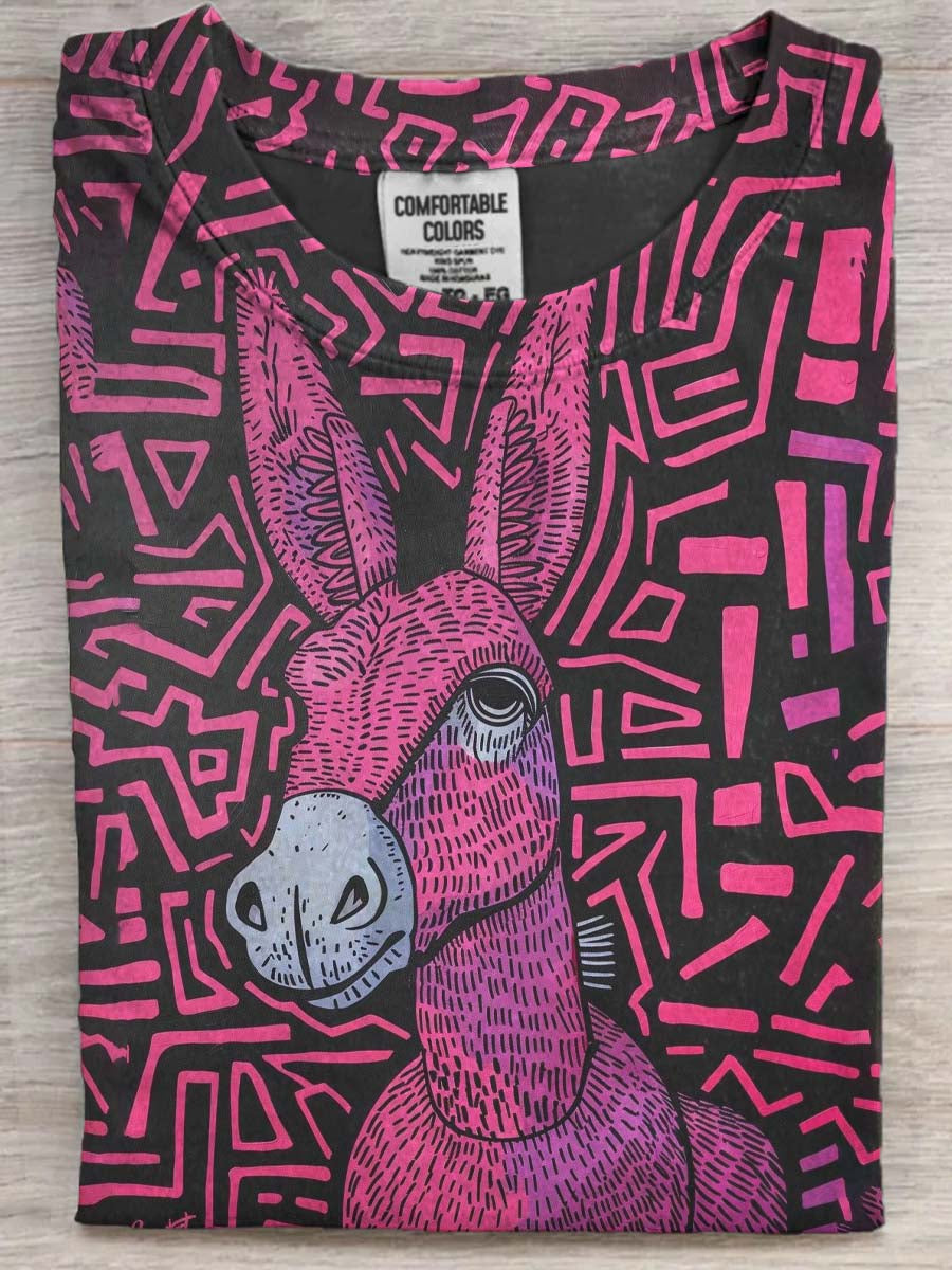 T-shirt décontracté à manches courtes à imprimé âne abstrait