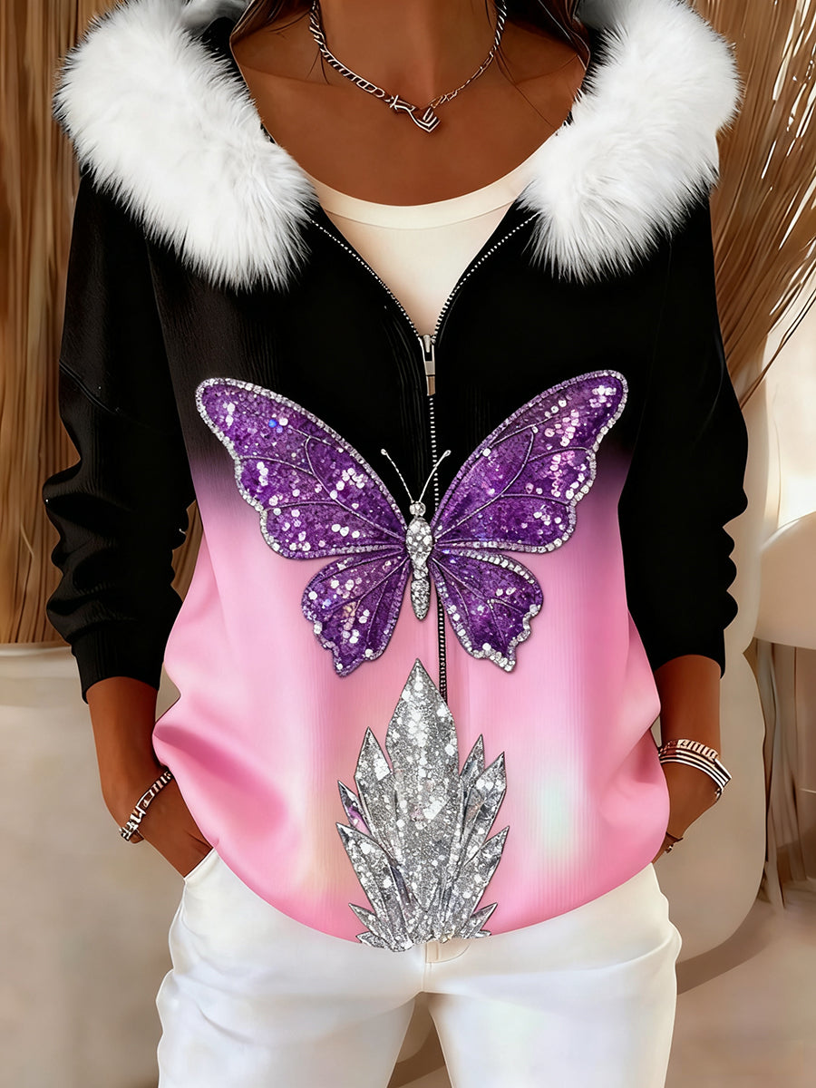 Rétro papillon Art confortable en peluche Cardigan à capuche des femmes