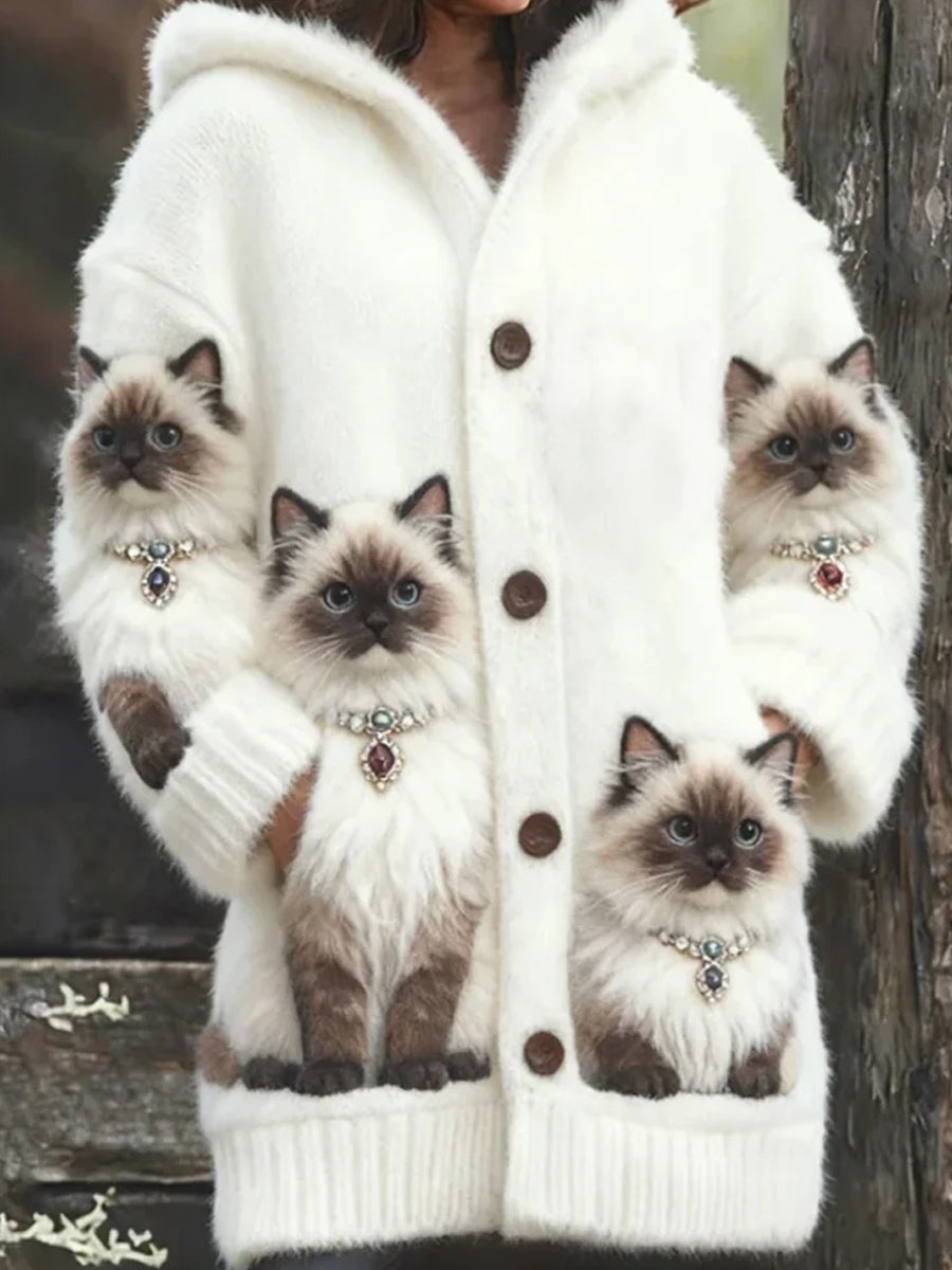 Rétro Animal Art Imprimer confortable Flanelle Cardigan Femme