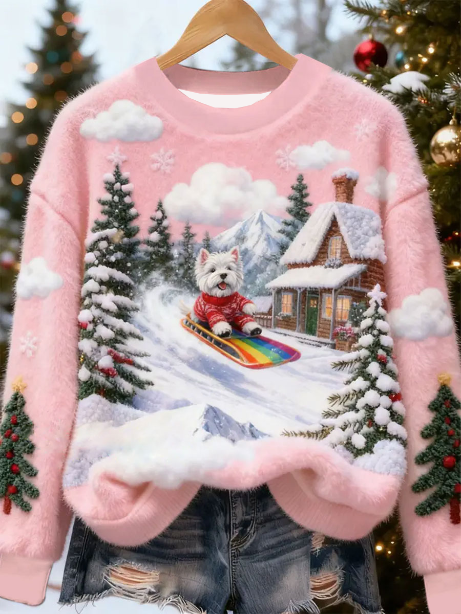 Top Décontracté en Flanelle Imprimé Art de Noël Animal Rétro Femme