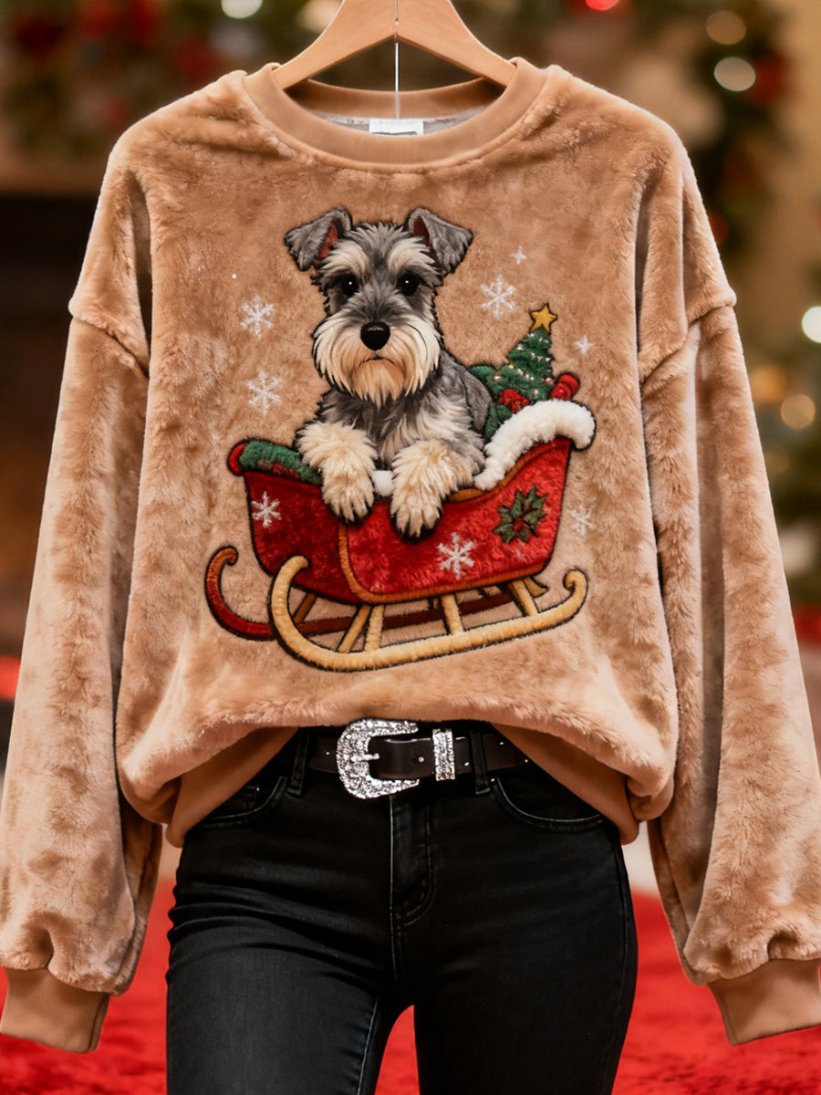 Sweat-shirt en flanelle décontracté imprimé Schnauzer de Noël pour femmes