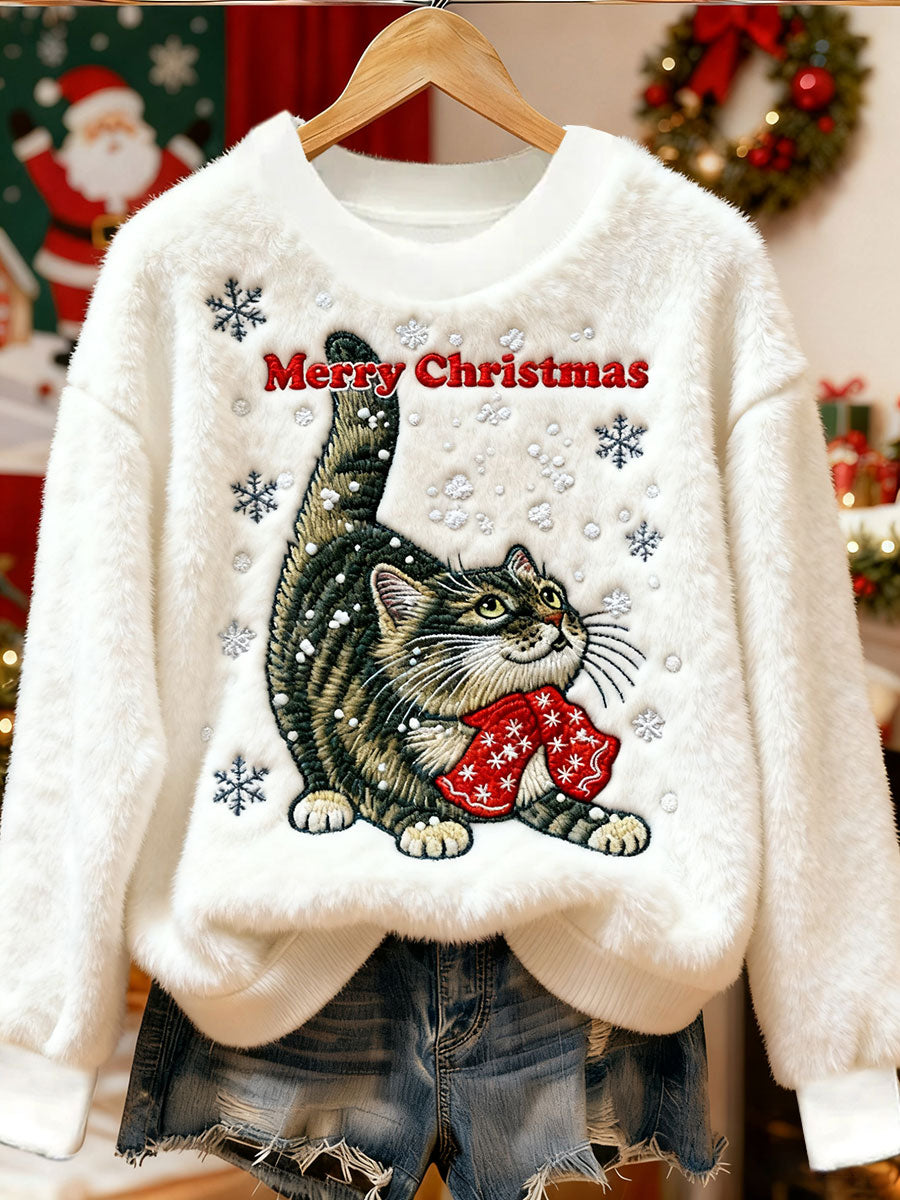 Mignon Noël Chat Art Imprimer Flanelle Casual Sweatshirt