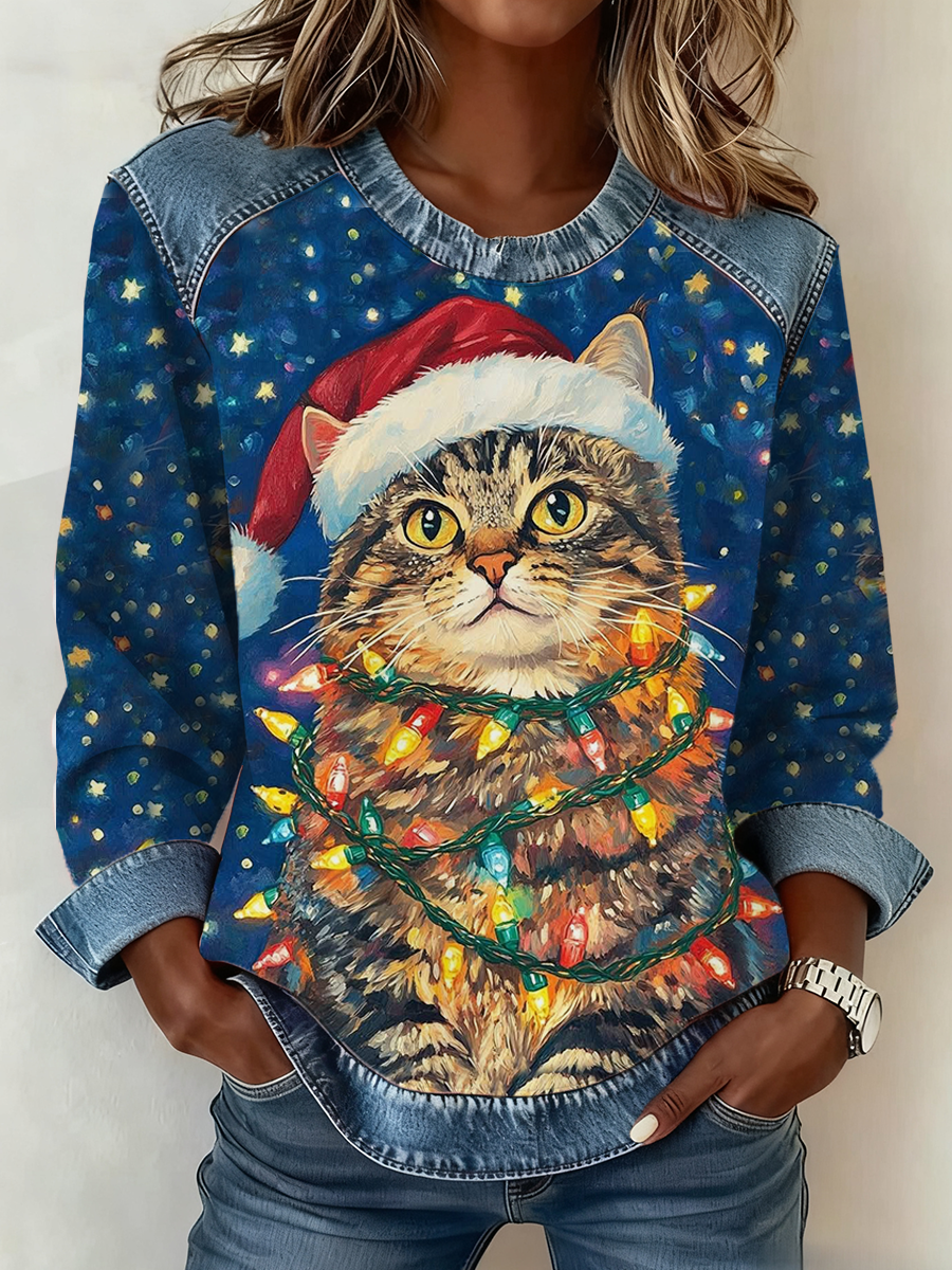 Femmes Lumières De Noël Chat Denim Patchwork Top