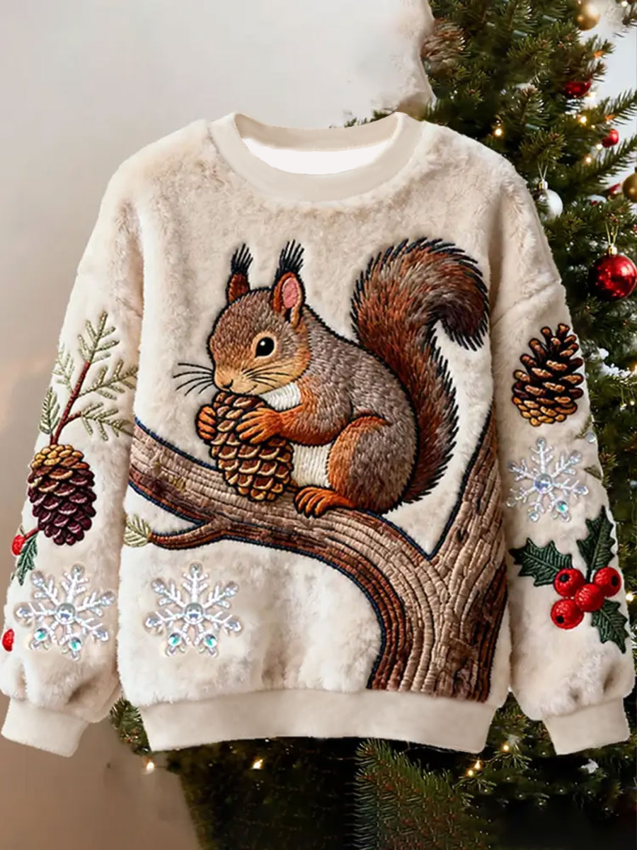 Top Décontracté en Flanelle Imprimé Art de Noël Animal Rétro Femme