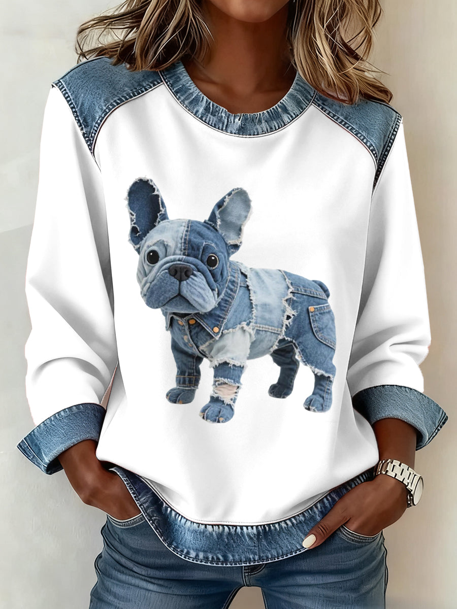 Femmes Denim Patchwork Art Français Bulldog Motif Sweatshirt