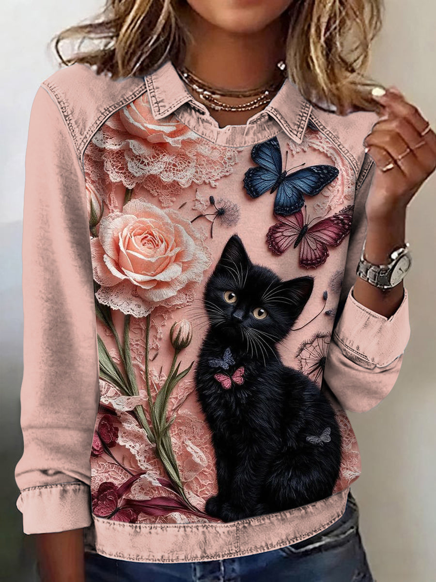 Femmes Charmant Chats Imprimer Patchwork Top