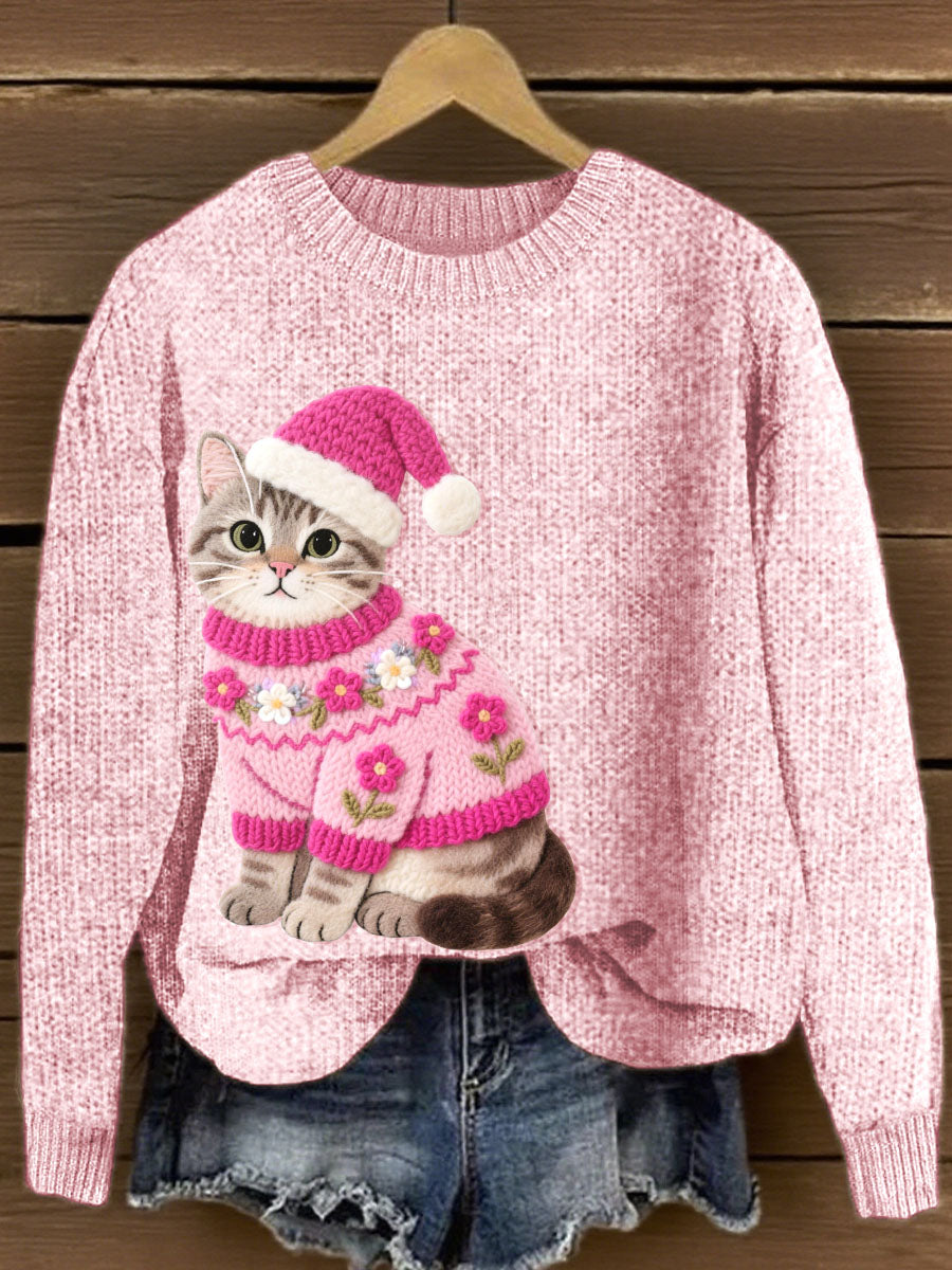 Charmant Chat Crochet Motif Cozy Tricot Pull Femme