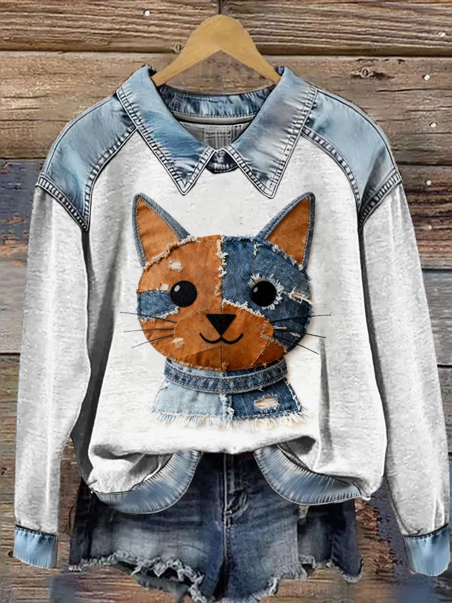 Cow-boy Collage Animal Imprimé Denim Patchwork Lapel Sweat à manches longues pour femmes