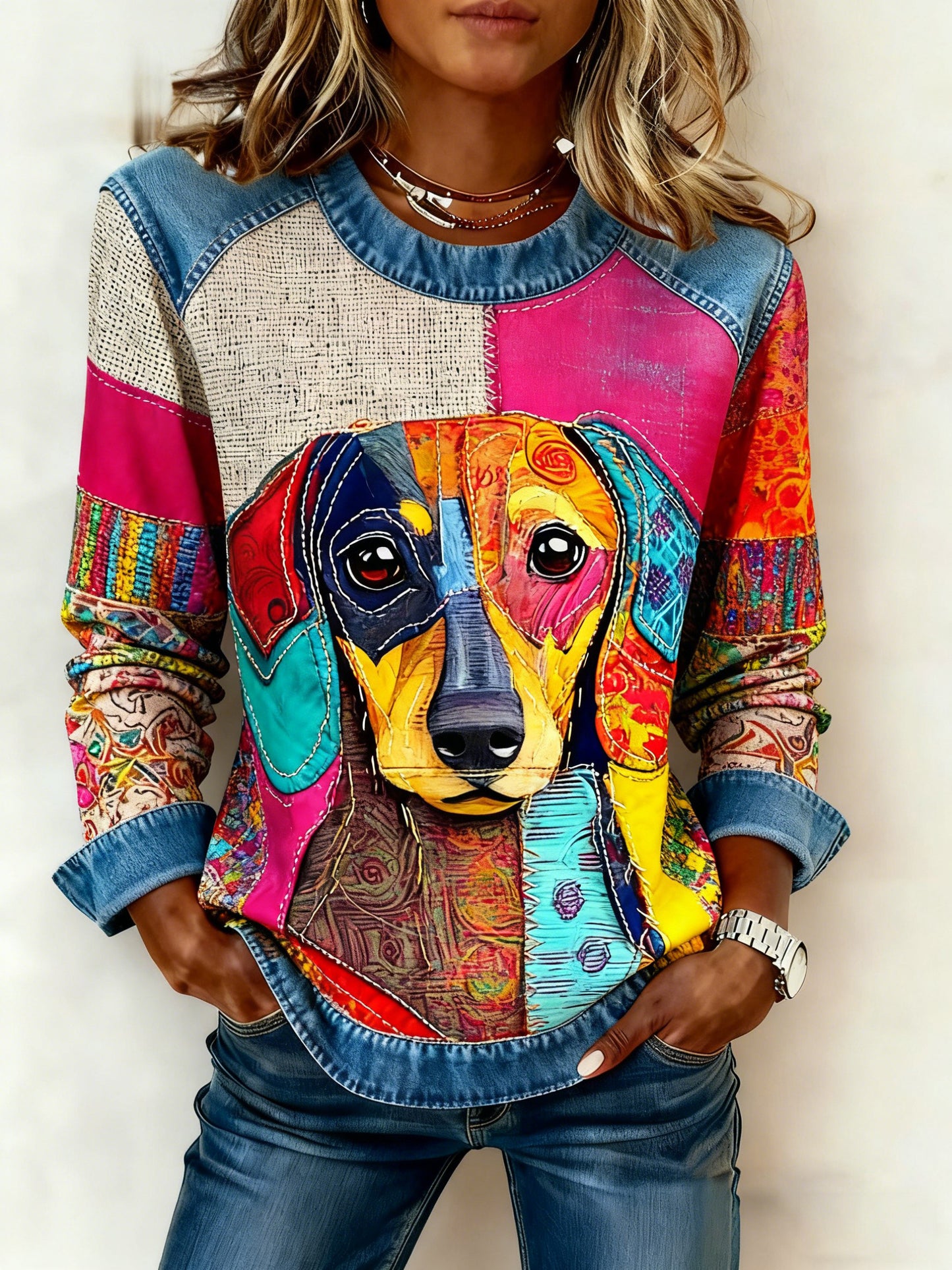 Sweat-shirt Femme Art Dog Denim Patchwork