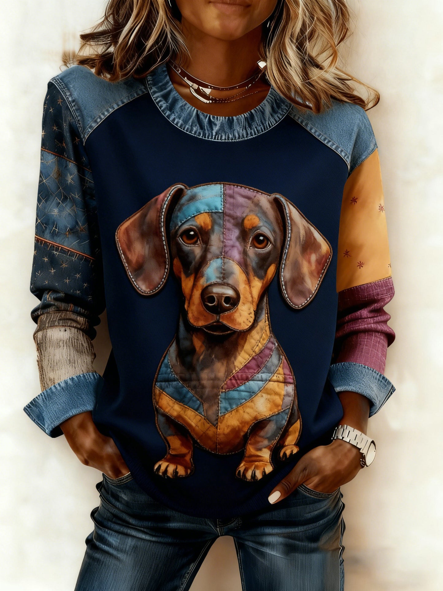 Sweat-shirt Femme Art Dog Denim Patchwork