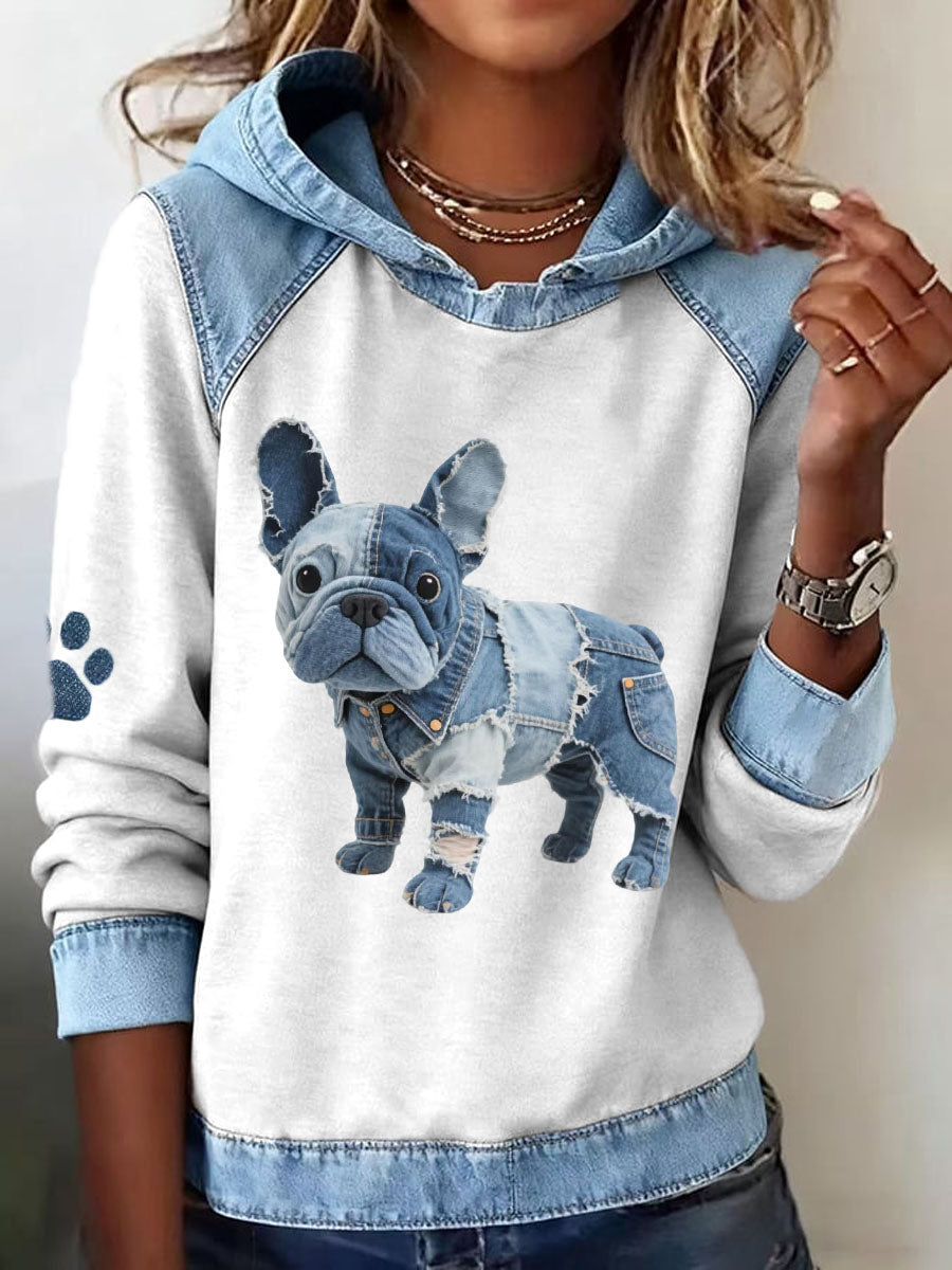 Femmes Français Bulldog Motif Denim Patchwork Art Hoodie