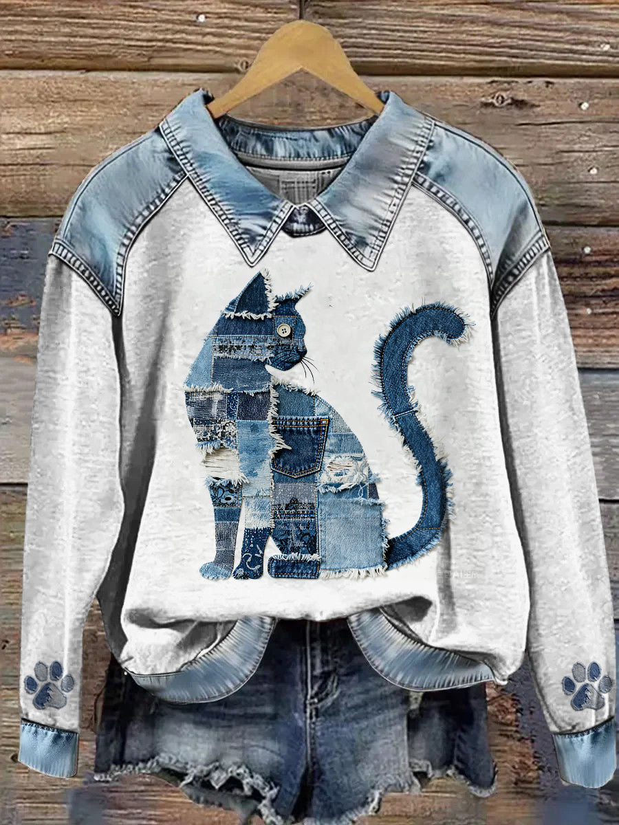 Cow-boy Collage Animal Imprimé Denim Patchwork Lapel Sweat à manches longues pour femmes