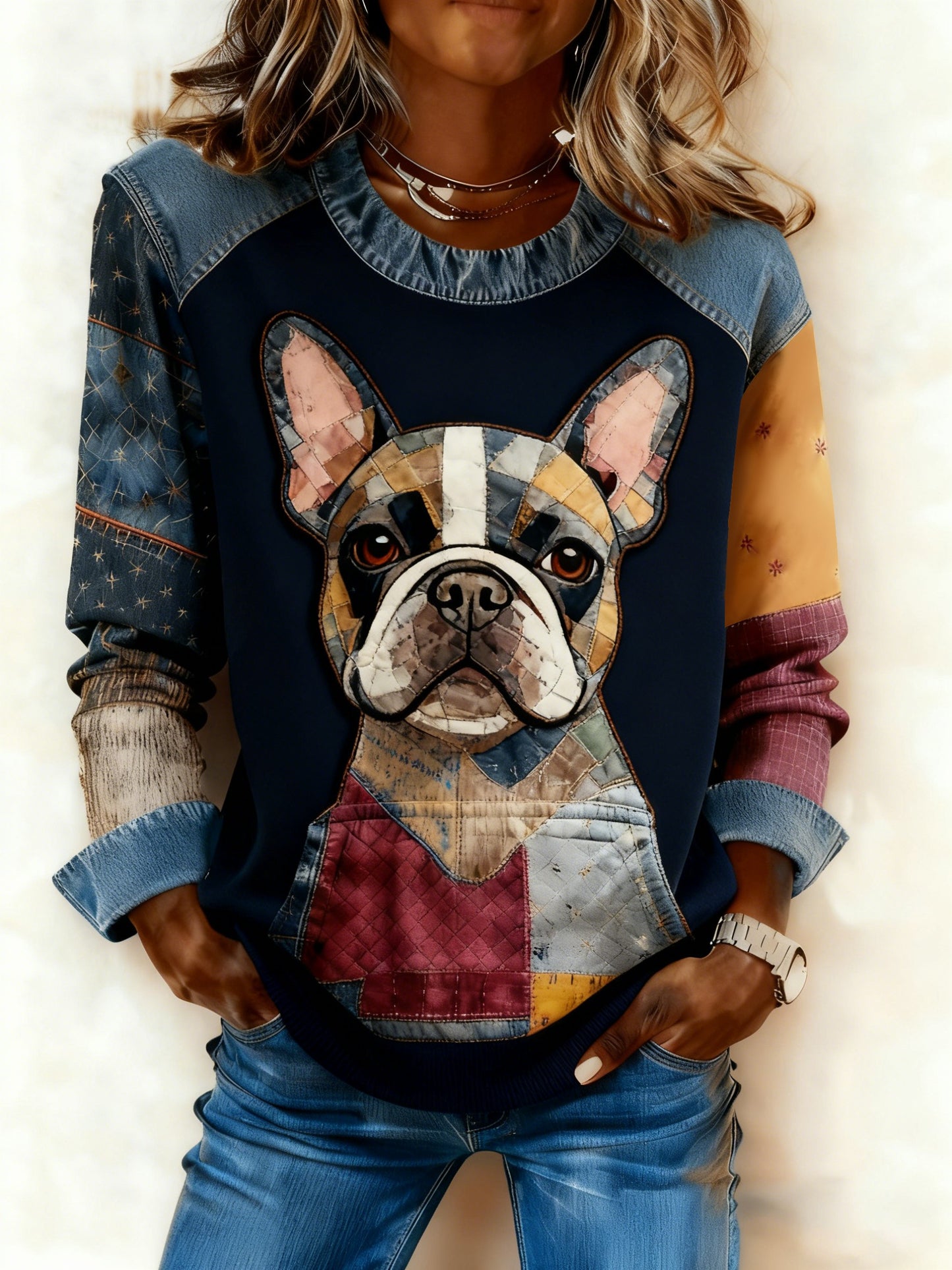 Sweat-shirt Femme Art Dog Denim Patchwork