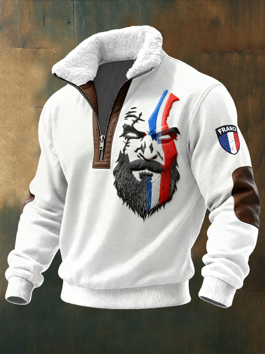 Sweat-shirt décontracté à col montant pour homme, drapeau français, blanc