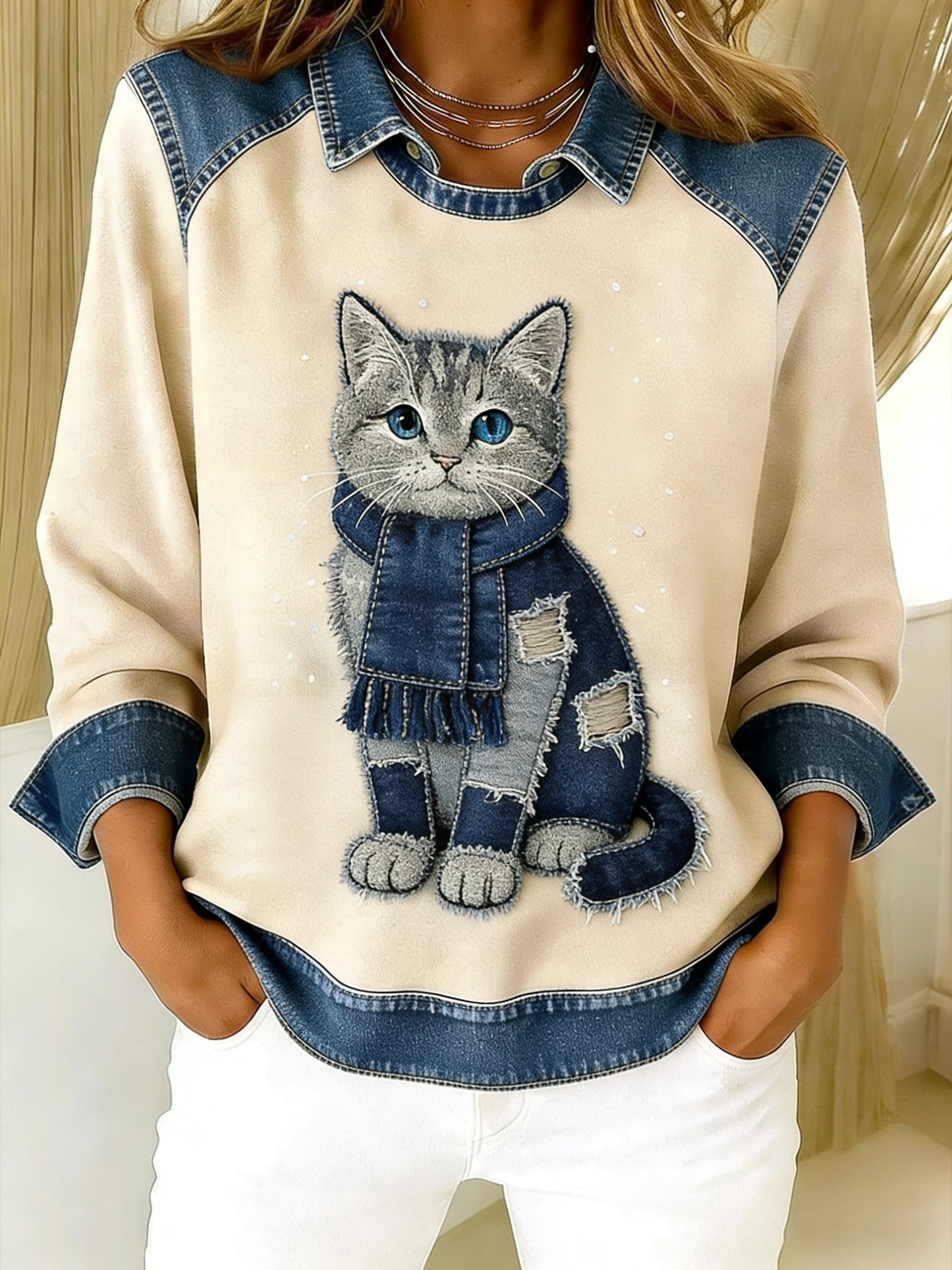 Rétro Mignon Chat Denim Écharpe Patchwork Imprimé Casual Loose Manches Longues Revers Sweat