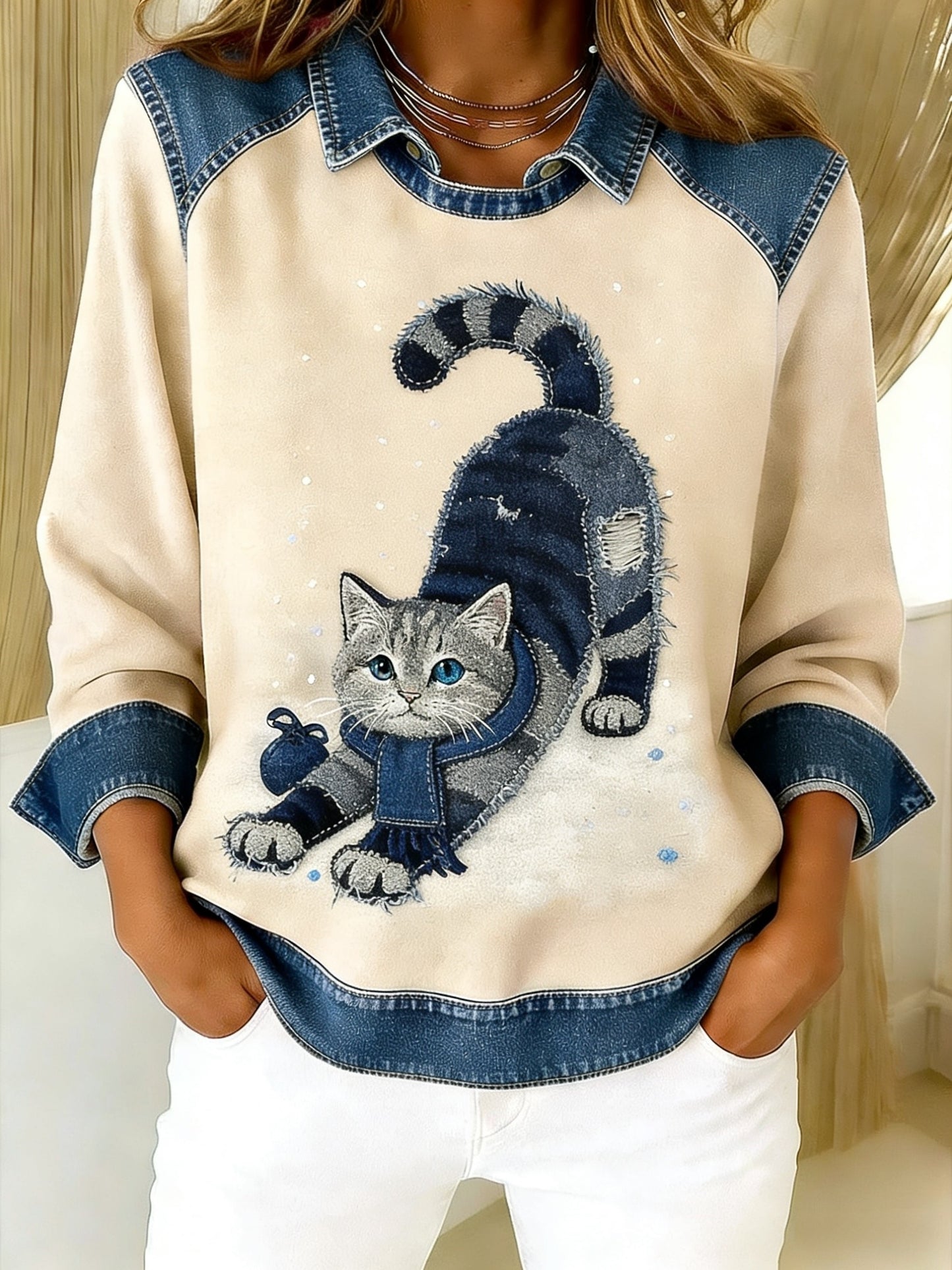 Rétro Mignon Chat Denim Écharpe Patchwork Imprimé Casual Loose Manches Longues Revers Sweat