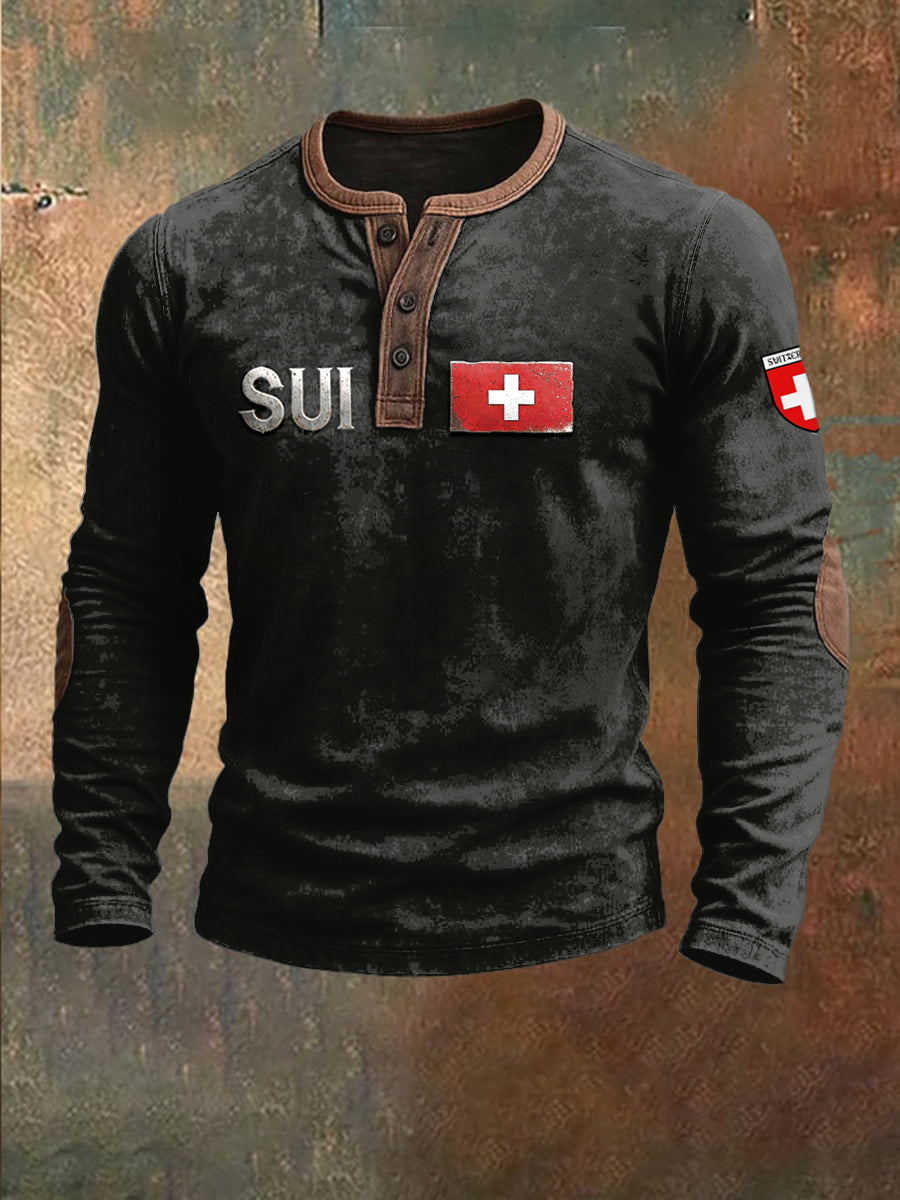 Sweat-shirt Homme Imprimé Drapeau Suisse Noir Patchwork