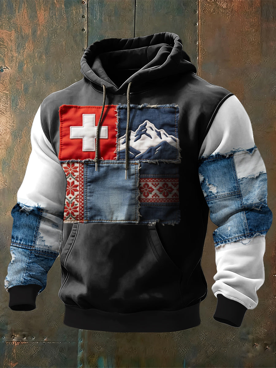 Sweat à capuche Homme Edgy Patchwork Swiss Cross & Mountain Imprimé Denim Accent