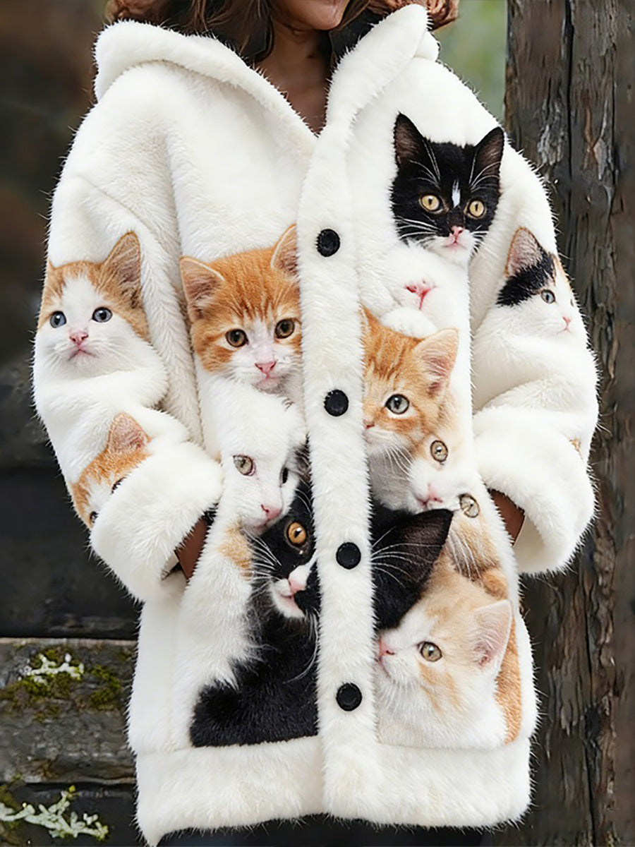Manteaux mignons de chats d'impression de la flanelle des femmes
