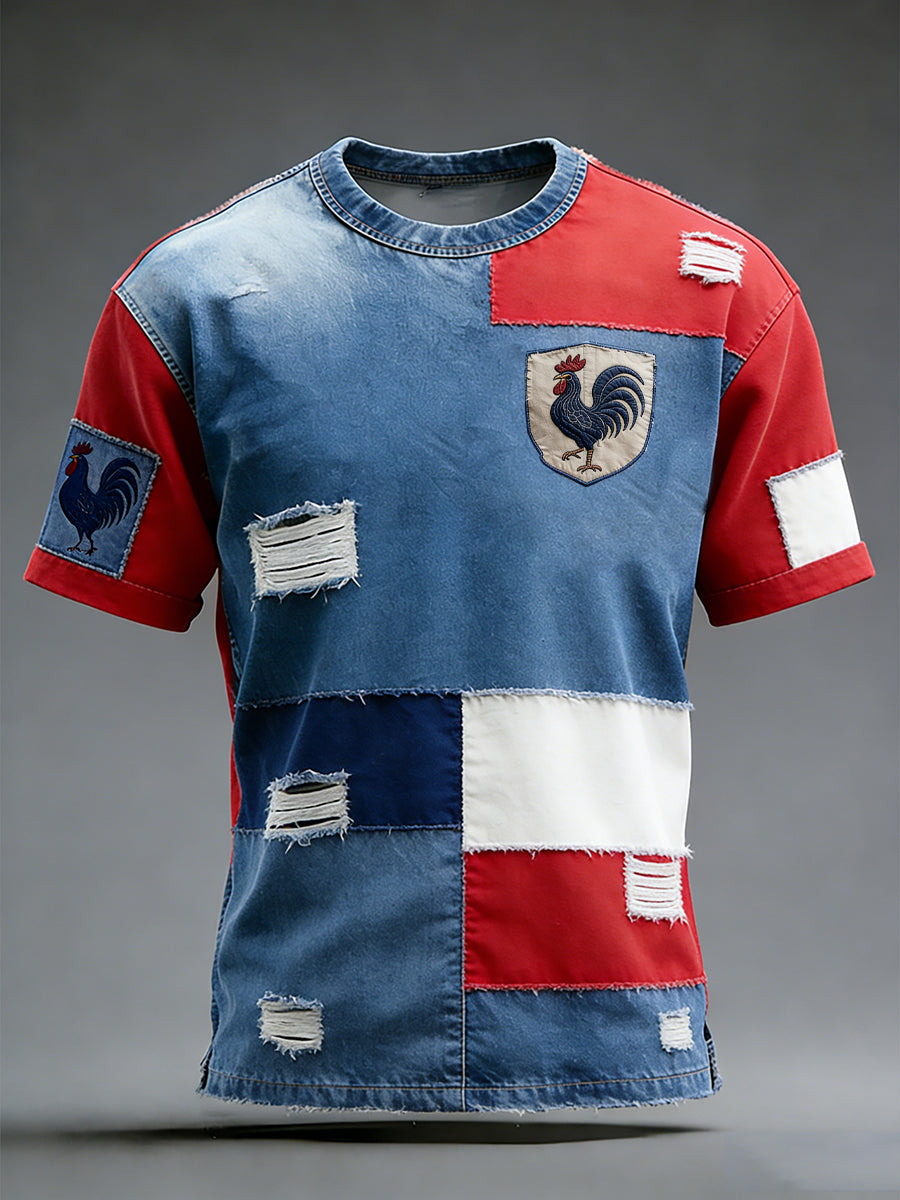 Modèle de coq drapeau français rétro Patchwork Color-Block T-shirt décontracté et confortable