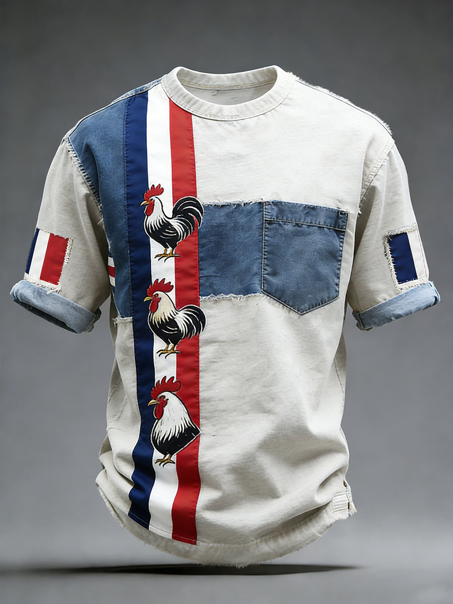 Modèle de coq drapeau français rétro Patchwork Color-Block T-shirt décontracté et confortable