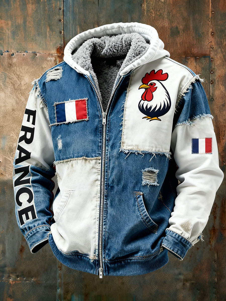 Veste à capuche doublée polaire pour homme, emblème du drapeau français vintage