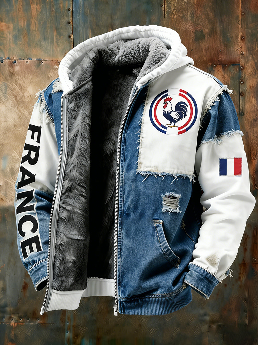 Veste à capuche doublée polaire pour homme, emblème du drapeau français vintage