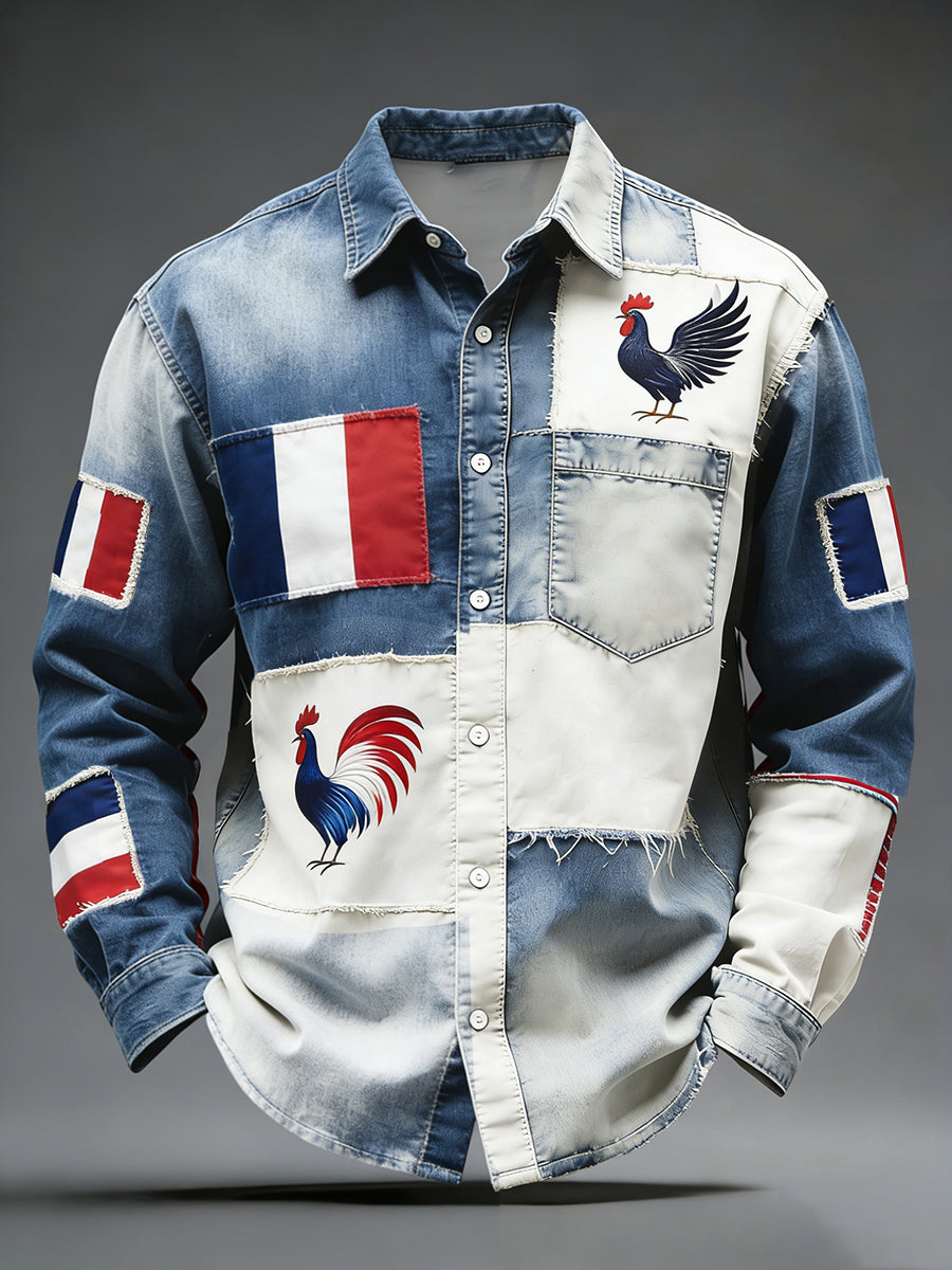 Rétro Drapeau Français Coq Patchwork Color-Block Casual Et Confortable Chemise