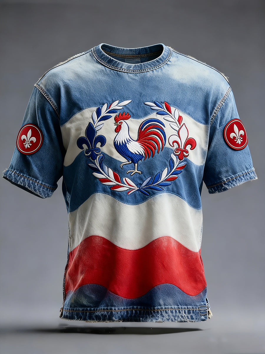 Rétro Drapeau Français Coq Motif Couleur Bloqué T-shirt Décontracté Et Confortable