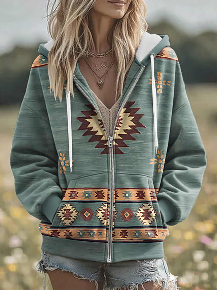 Chandail à capuchon Vintage Western Aztec Art Femme