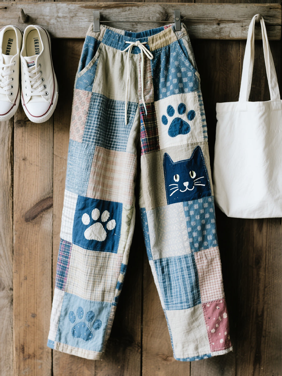 Pantalon en mélange de lin à motif patchwork et imprimé chat pour femme