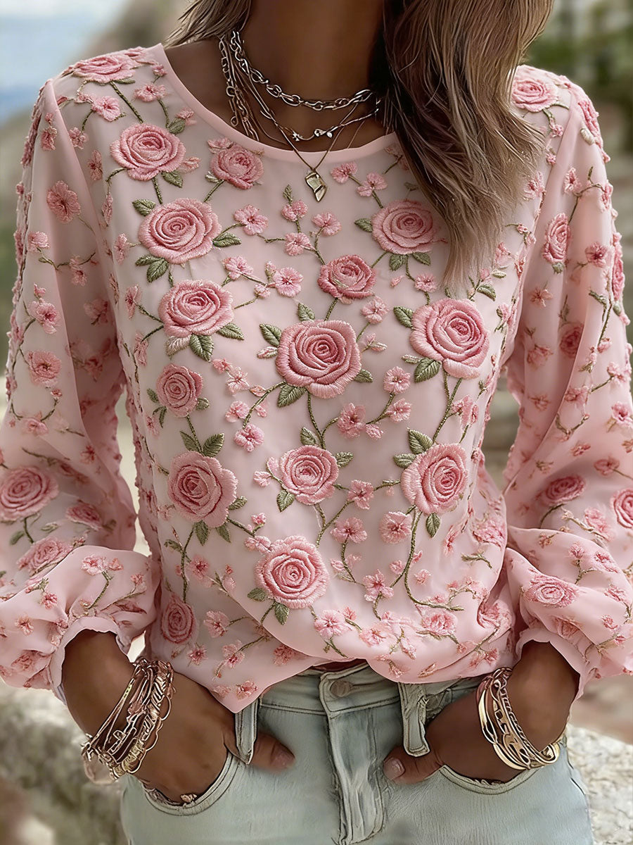 T-shirt décontracté avec impression d'art de rose pour femmes