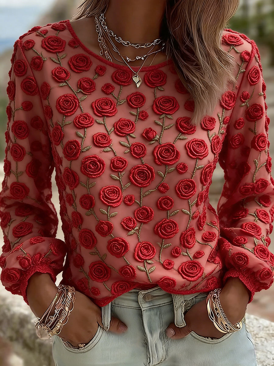 T-shirt décontracté avec impression d'art de rose pour femmes