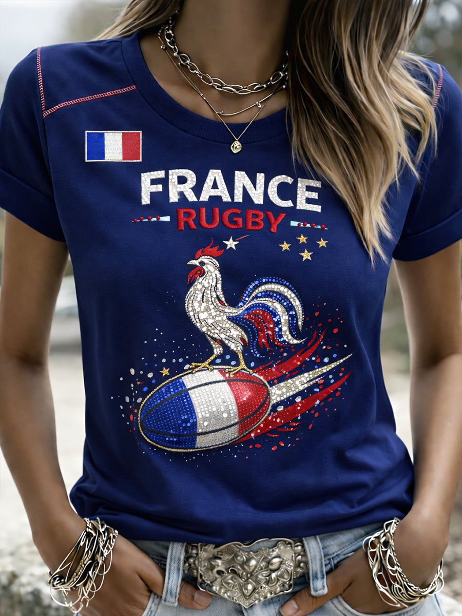 T-shirt décontracté pour femmes, style rétro, imprimé rugby français