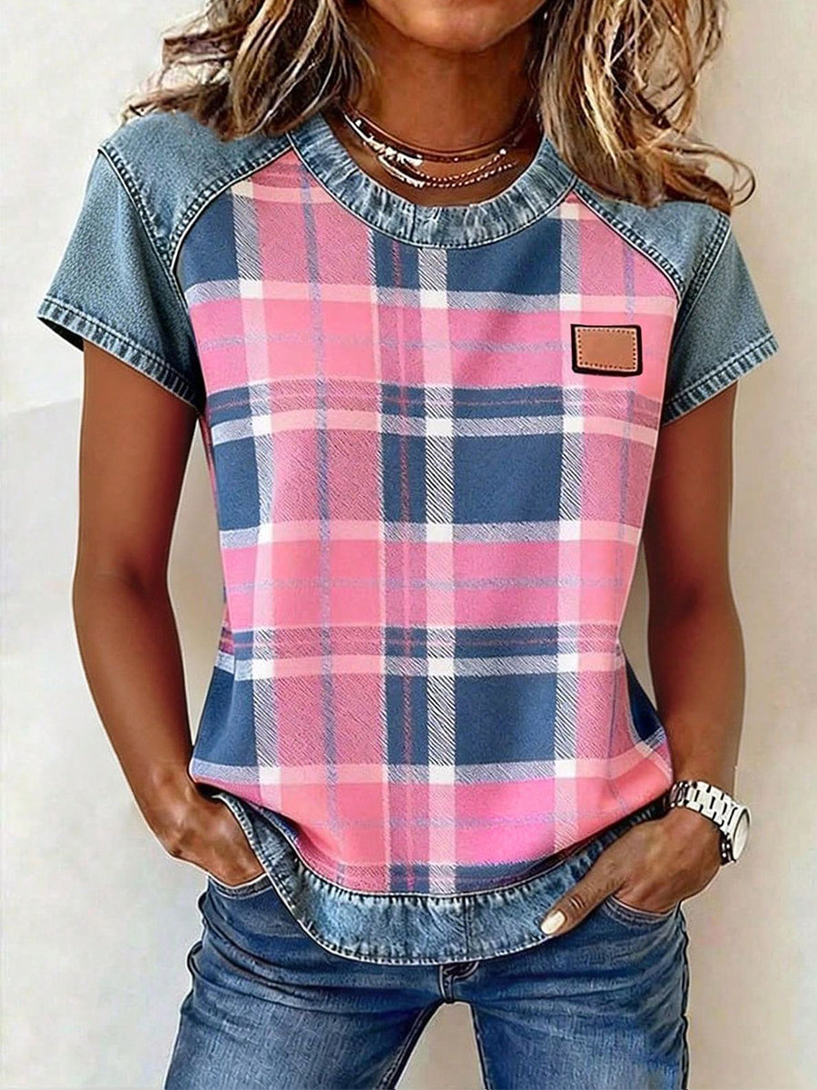 Haut en jean à patchwork et imprimé à carreaux pour femmes