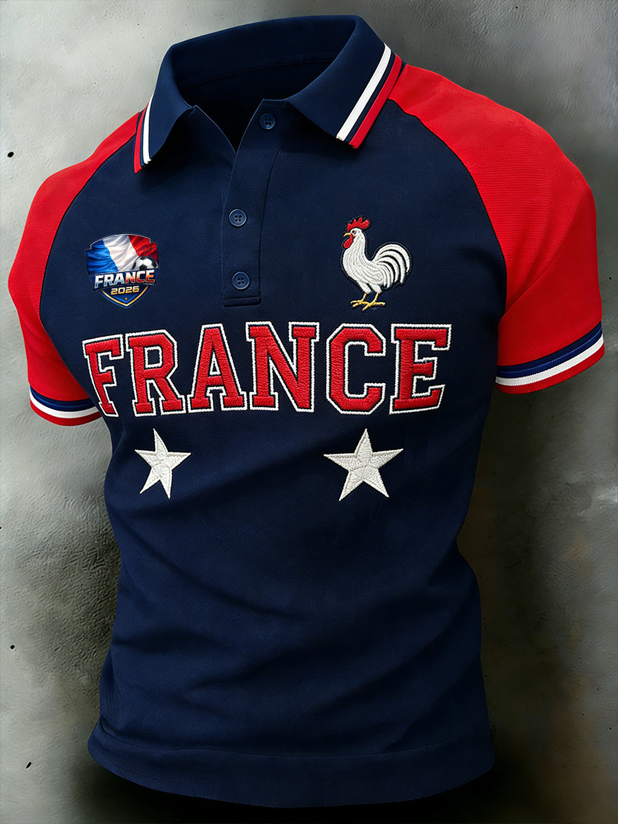 Polo à manches raglan brodé sur le thème du football pour homme