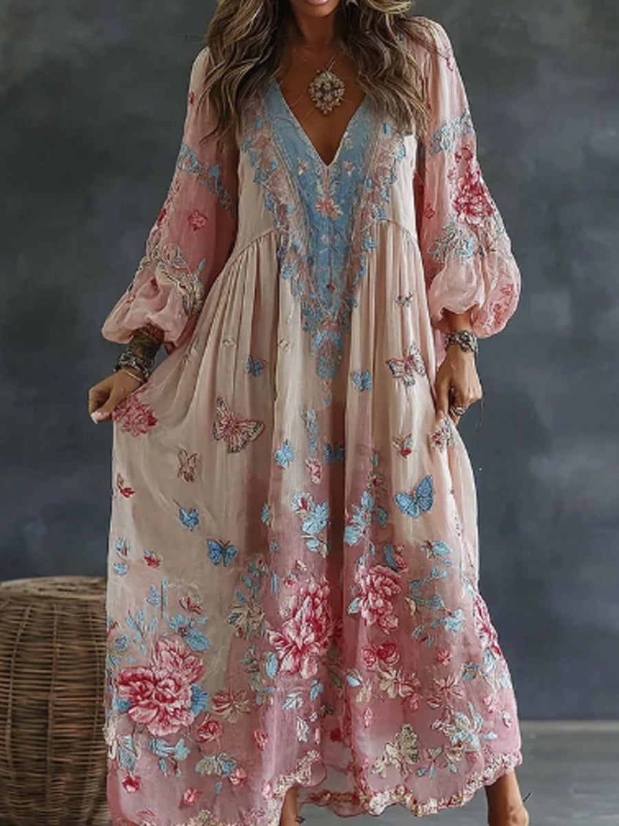 Floral et papillon Art Print Flowy mélange de lin des femmes Casual col en V Maxi Dress