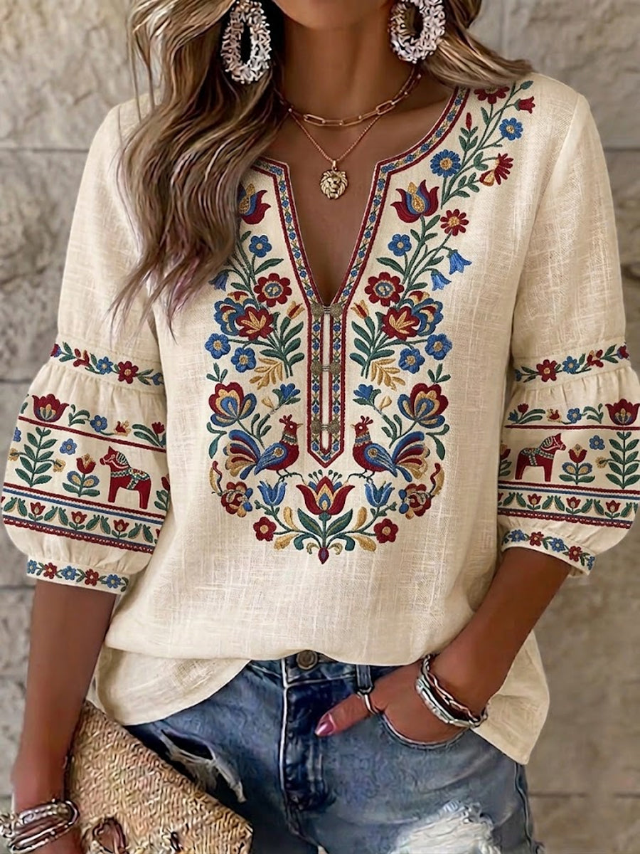 Chemisier Femme Retro Swedish Midsummer Folk Floral Coton-Lin