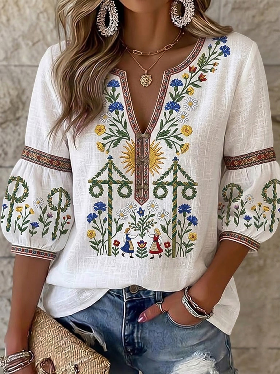 Swedish Midsummer-Inspired T-shirt décontracté asymétrique à col en V pour femme