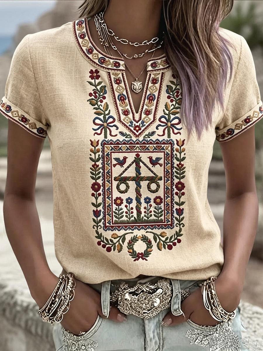 T-shirt à col en V décontracté artistique d'inspiration suédoise pour femme