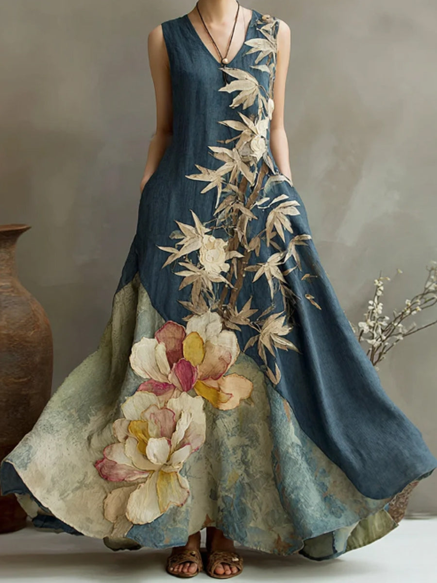 Robe en lin pour femmes, style vintage, imprimé floral et bambou
