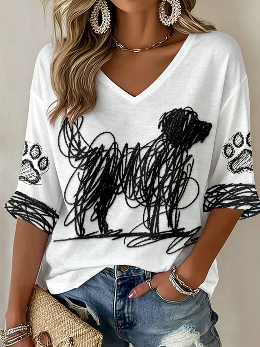 Dog Art Print V-Neck T-Shirts Femme