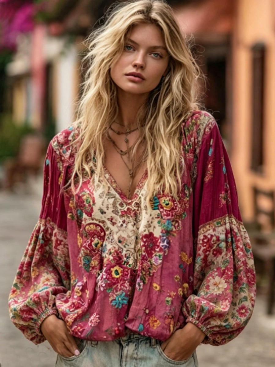 Chemise bohème pour femme en mélange de lin, à col en V, avec broderie florale et blocs de couleurs