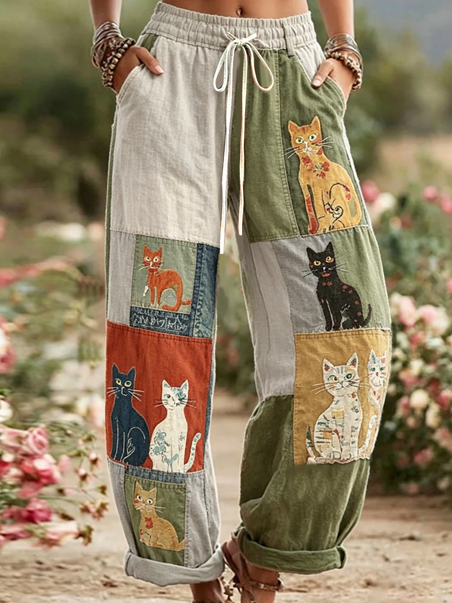 Pantalon décontracté rétro à imprimé chat pour femme