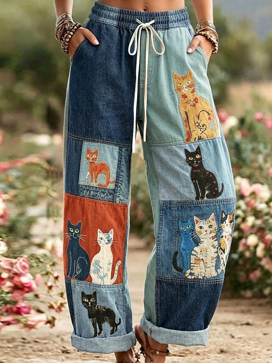 Pantalon décontracté rétro pour femmes avec imprimé chats