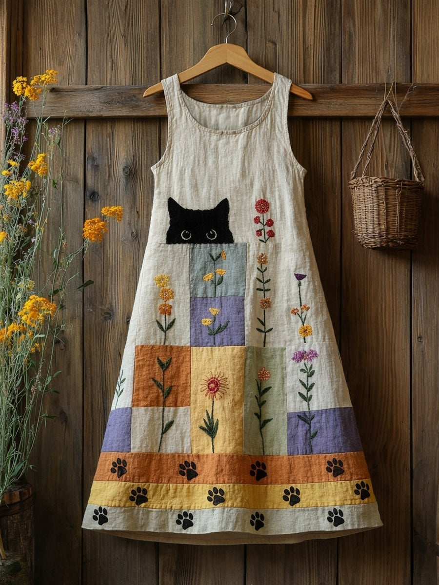 Robe mi-longue décontractée sans manches pour femme, mignonne et amusante, à imprimé floral et chat