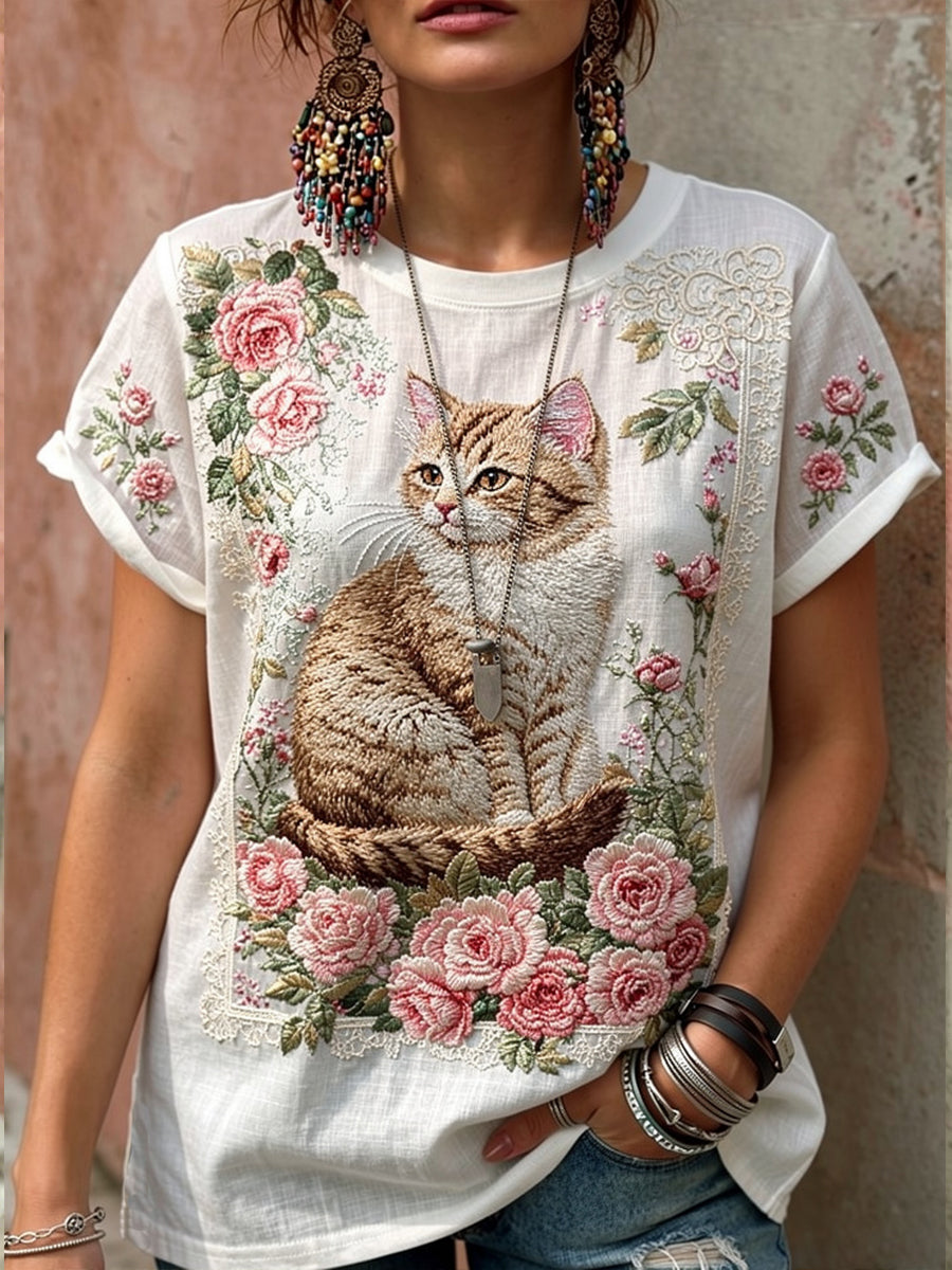 Chemise décontractée en lin à manches courtes pour femmes, mignonne, avec chat et motifs floraux