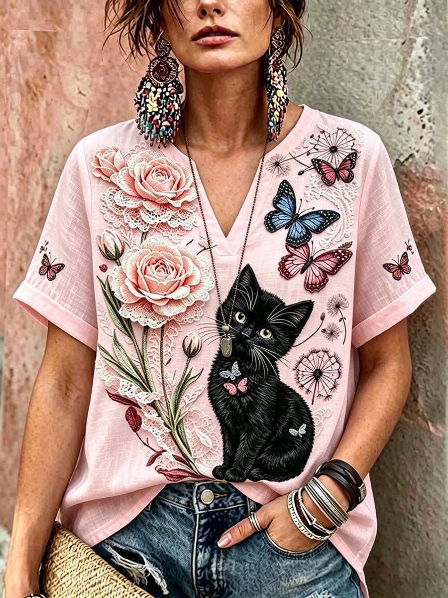 Chemise décontractée en lin à manches courtes pour femme, motif chat noir et fleurs