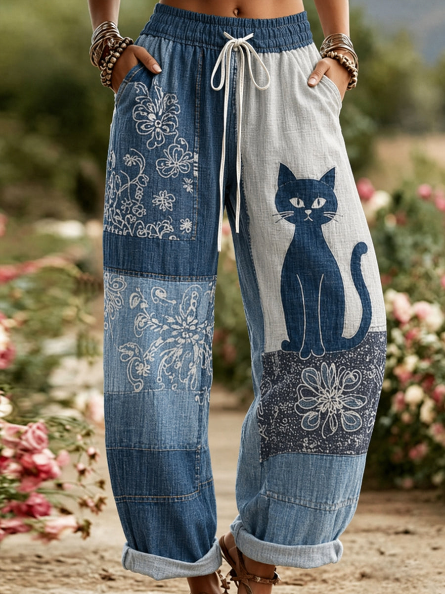 Pantalon décontracté pour femme à imprimé fleurs et chats