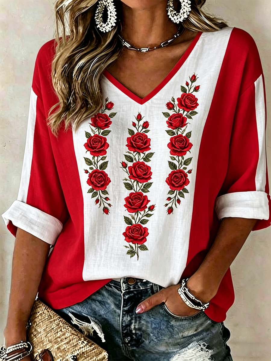T-shirt femme à manches mi-longues, col en V, imprimé floral